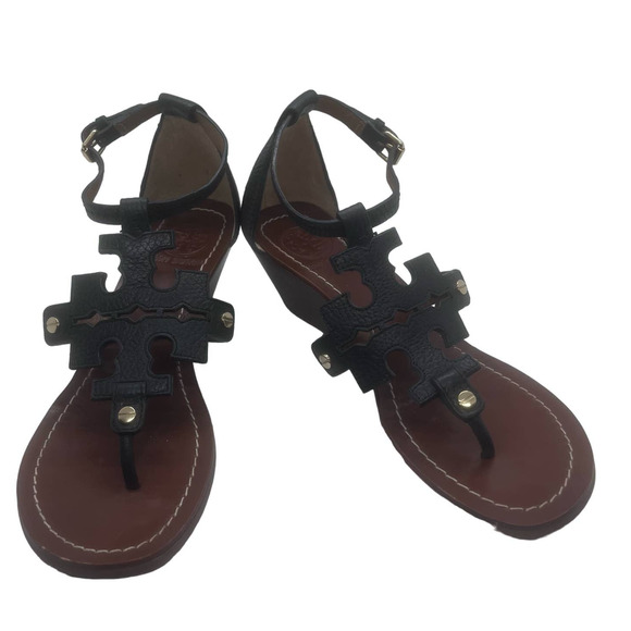 Tory Burch Shoes - Tory Burch Navy Blue Leather Phoebe Thong Wedge Sandal Size 6